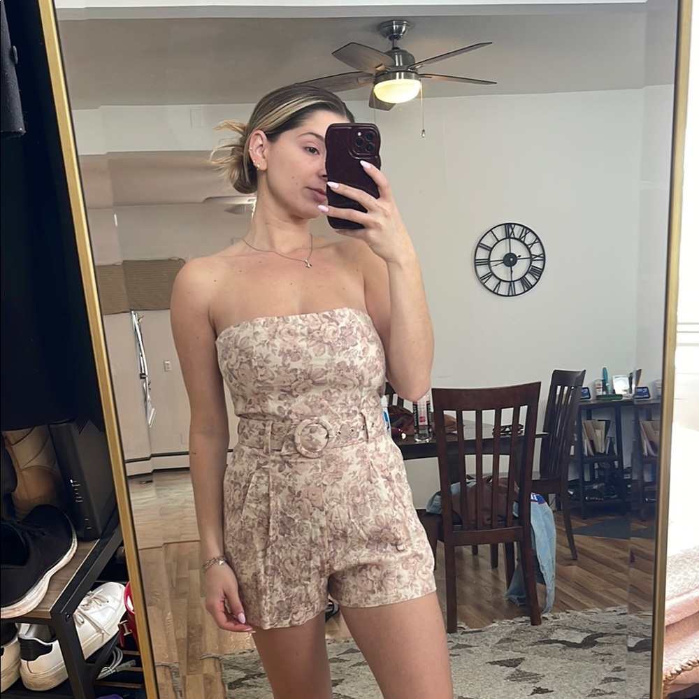 Strapless Floral Romper with Belt